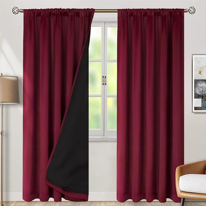 BGment Full Blackout Curtains with Thermal Insulation Liner Curtains 95 Inches Long, Rod Pocket and Back Tab Double Layer Room Darkening Window Curtain for Bedroom(52 x 95 Inch, 2 Panels, Burgundy)