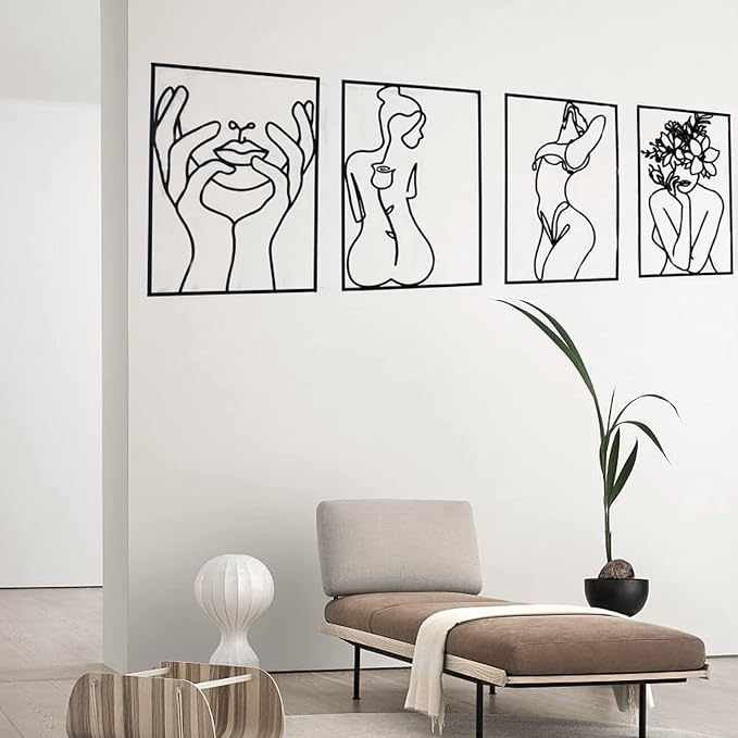 Glamativity 4 Pack Black Wall Art Décor, Minimalist Décor Single Line Art Wall Décor, Real Metal Wall Art, Woman's Body Shape Abstract Wall Art, for Kitchen Bedroom Living Room
