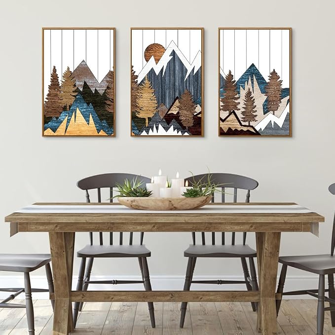 CHDITB Mountain Wall Art Prints Set, Country Woodcut Wall Decor, Rustic Forest Pictures Artwork, Nature Landscape Decoration, National Park Framed Canvas Paintings For Living Room Bedroom 16"x24"X3