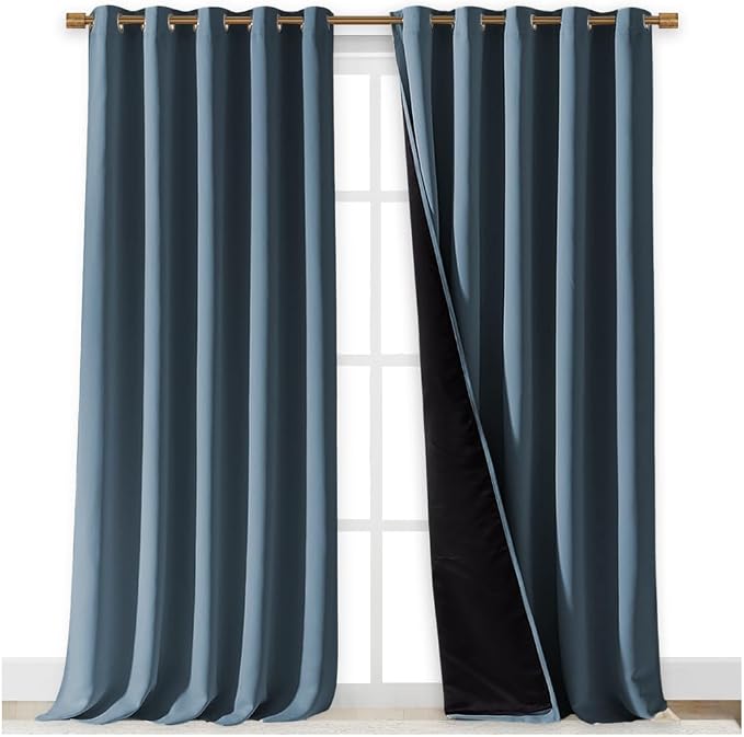 NICETOWN Full Shading Curtains for Windows, Smoky Blue, Pack of 2, 62 inches W x 95 inches L, Super Heavy-Duty Black Lined Blackout Curtains for Bedroom, Privacy Assured Window Treatment