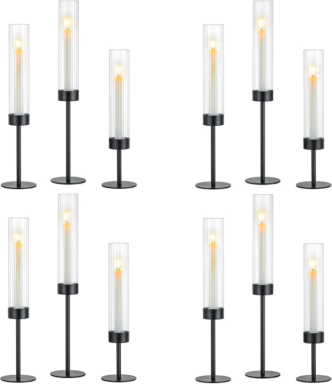 Hewory Black Hurricane Candle Holders: 12 PCS Tall Taper Candlestick Candle Holders Bulk for Candlesticks Candle Sticks Holder Decor for Table Centerpiece Wedding Party Christmas Decorations
