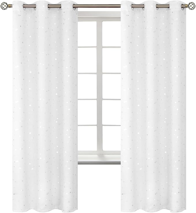 BGment Kids Blackout Curtains for Bedroom - Grommet Thermal Insulated Silver Star Print Room Darkening Curtains for Living Room, Set of 2 Panels (42 x 72 Inch, White)