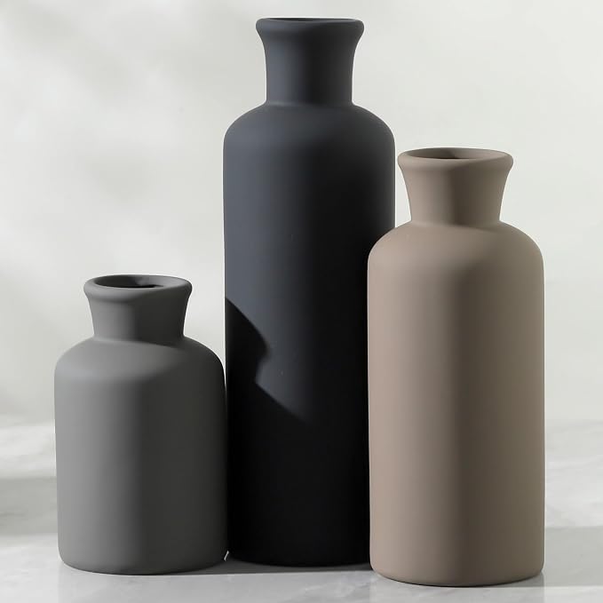 Ceramic Vase Set of 3, Neutral Vases Home Decor Rustic Farmhouse Decor Vase Terra Cotta Pottery Vases for Bouquet Pampas Grass Dried Fresh Flowers Living Room Kitchen Bedroom Bathroom - Multicolor
