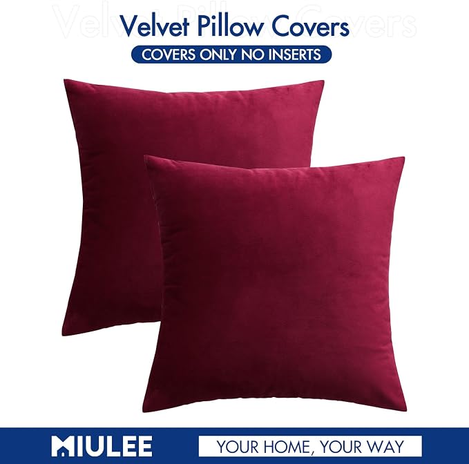 MIULEE Pack of 2 Velvet Soft Solid Decorative Square Throw Pillow Covers Cushion Case for Sofa Bedroom Couch,20x20 Inch Wine Red
