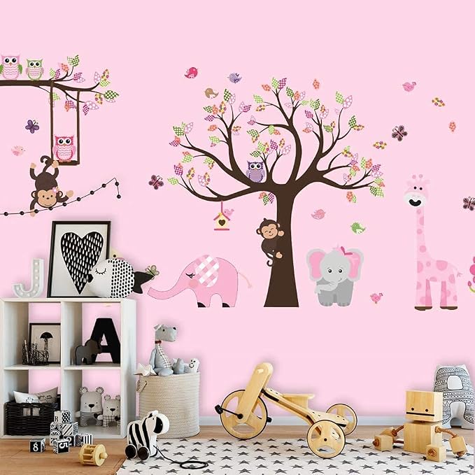 Amaonm Jungle Animal and Tree Wall Decals Removeable DIY Flower Lion Giraffe Owls Wall Sticker Peel and Stick Wall Decor for Nursery Kids Room Bedroom Living Room (B)