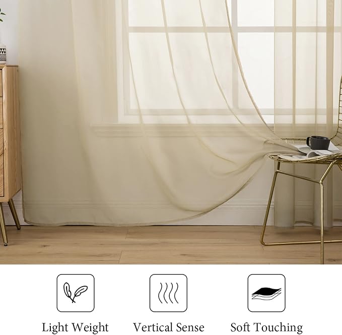 MIULEE 2 Panels Solid Color Sheer Window Curtains Elegant Window Voile Panels/Drapes/Treatment for Bedroom Living Room (54X96 Inches Beige)