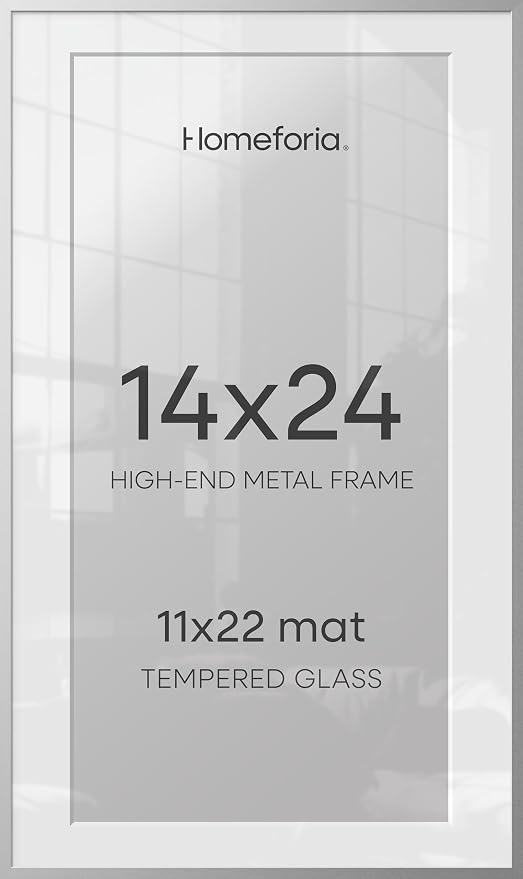 Homeforia 14x24 Picture Frame Silver, High End Metal 14x24 Frames with Mat 11x22 for Photo, 14 x 24 Silver Poster Frame Matted to 11 x 22 Print, 24x14 Hanging Frame, Tempered Glass, Wall Kit, Set of 3