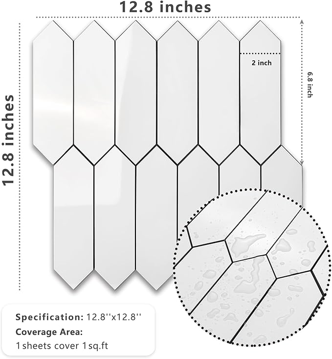 Vamos Tile 1 Sheet Glossy White Backsplash Tile Peel and Stick, 12.8 x 12.8 Inch Long Hexagon PVC Self Adhesive Mosaic Wall Tiles Stick on Backsplash for Kitchen and Bathroom
