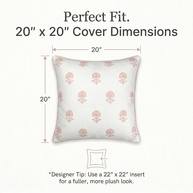 Jillien Harbor “The Lauderdale” Floral Block Print Pillow Cover – Blush Pink and Off-White Decorative Throw Pillow Cover – Grandmillennial Home Decor, 20" x 20"