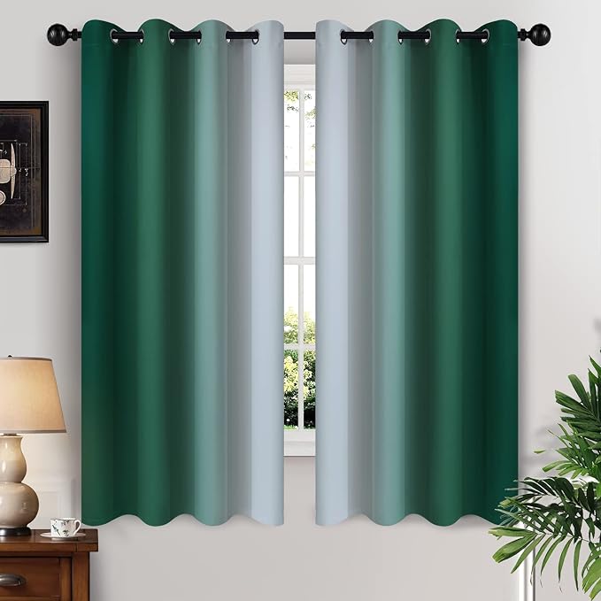Yakamok Ombre Curtains Dark Green and Greyish White for Living Room,52Wx63L | Room Darkening Curtains 63,Thermal Insulated Gradient Color Drape,Light Blocking Grommet Window Curtains for Bedroom,2 Panels