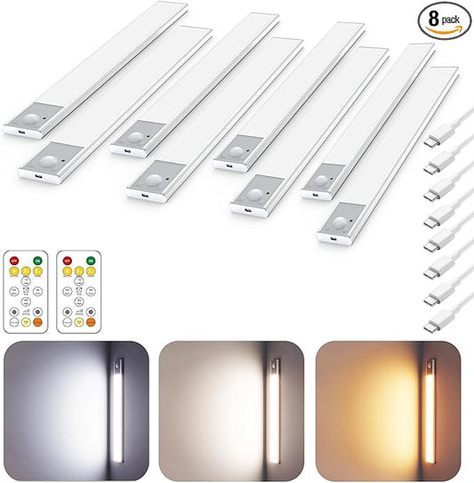 12" Ultra-Thin Under Cabinet Lighting Wireless, Aluminum Alloy Under Counter Lights for Kitchen, 3-Color-Temps Magnetic Closet Lights, Rechargeable Motion Sensor Light Indoor (8 Pack, Silver)
