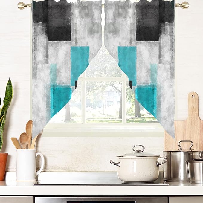 AAtter Teal Kitchen Valance Curtain for Window Black Gray Grey Modern Turquoise Abstract Small Short Swag Topper Bathroom Living Room Bedroom Rod Pocket Drapes Fabric 1 Pair, 28" W x 36" L, Geometric