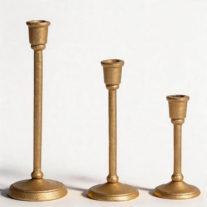 Gold Taper Candle Holders Set of 3, Antique Brass Finish | Heavy Cast Iron Candlesticks, Sturdy Candle Sticks for Dining Table, Wedding, Fireplace, Home Decor