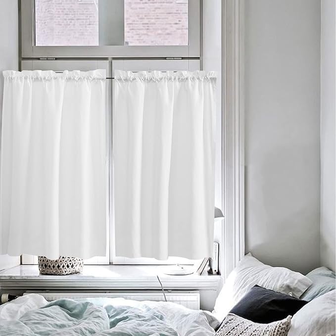45 Inch Long Tier Curtains for Kitchen, Solid Color White Bathroom Window Curtains Rod Pocket Short Curtains Window Treatment Tiers for Living Room Farmhouse 2 Panels