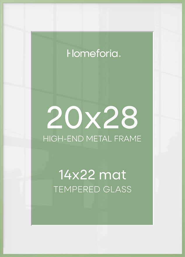 Homeforia 20x28 Frame Sage Green, High End Metal 20x28 Poster Frames with Mat 14x22 inch Photo, 20 x 28 Sage Green Picture Frame Matted to 14 by 22 Art, 28x20 Frame, Tempered Glass, Wall Kit, Set of 1