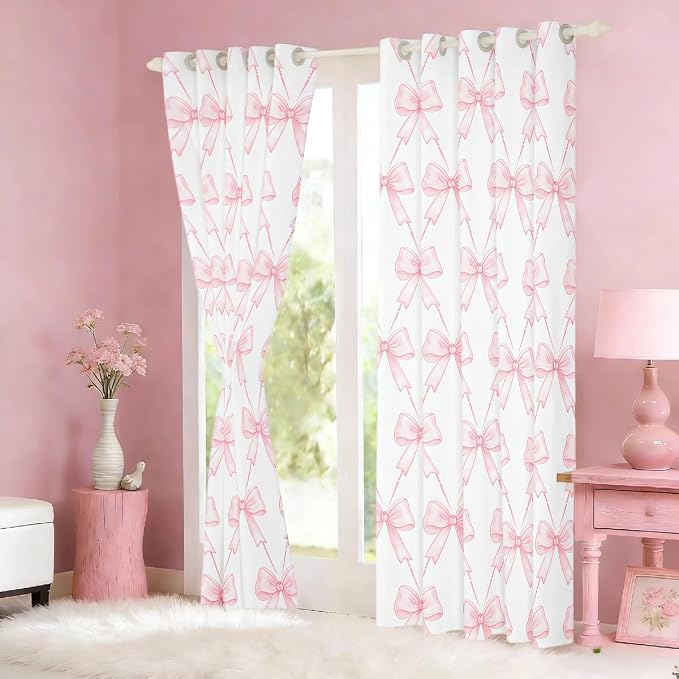Feelyou Bow Room Darkening Blackout Curtain Boys Girls (2 Panels, 52 x 63 Inch) Pink Girls Bow Curtains for Bedroom Living Room Cute Bowknot Blackout Curtains Kawaii Window Treatments