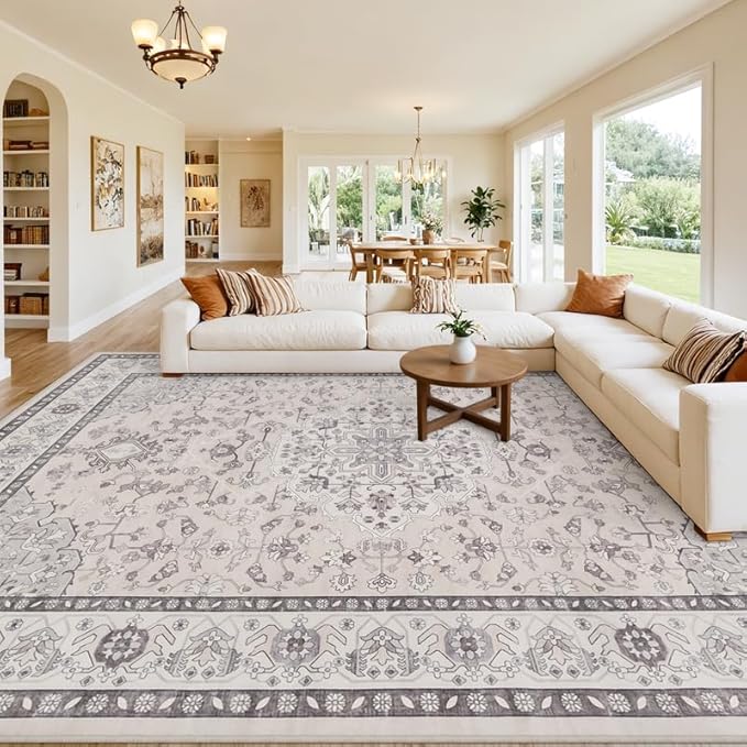 10x14 Area Rug for Living Room: Vintage Boho Neutral Washable Rug Indoor Soft Large Area Rug Carpet for Bedroom Nursery Farmhouse Dining Room Office Floor Non-Slip Low Pile Under Table Beige & Grey