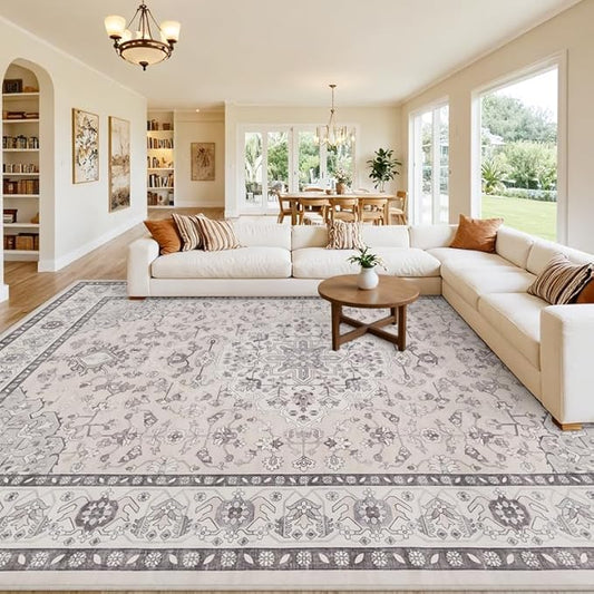 10x14 Area Rug for Living Room: Vintage Boho Neutral Washable Rug Indoor Soft Large Area Rug Carpet for Bedroom Nursery Farmhouse Dining Room Office Floor Non-Slip Low Pile Under Table Beige & Grey