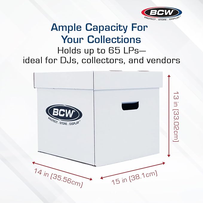 BCW Vinyl Record Storage Boxes – 5 Pack | Holds 65 LPs Each | Stackable Vinyl Record Storage Box with Reinforced Bottom & Handles | Archival Record Organizer for 12-Inch Albums, DJs & Collectors