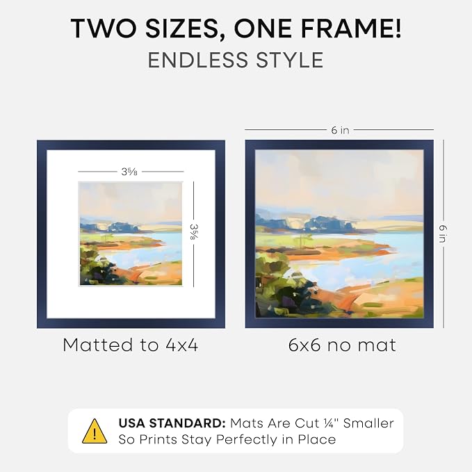 Homeforia 6x6 Frame Navy Blue, High End Metal 6 x 6 Square Picture Frames with Mat 4 by 4 Art, 6x6 Photo Frame Matted to 4x4 inch Print, 6by6 Wall or Tabletop Frames, Tempered Glass, Wall Kit, Set of 1