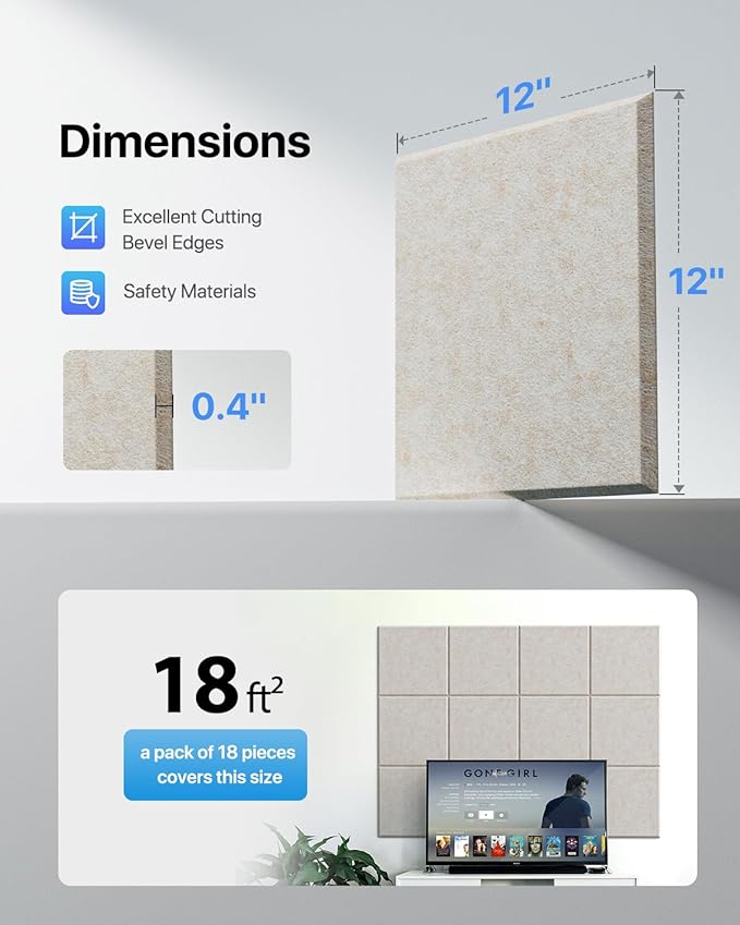 18 Pack Soundproof Wall Panels Self-Adhesive, Square Sound Proof Foam Panels for Wall, High Density Acoustic Panels, Acoustic Panels for Home Office, Recording Studio 12" X 12" X 0.4" Beige