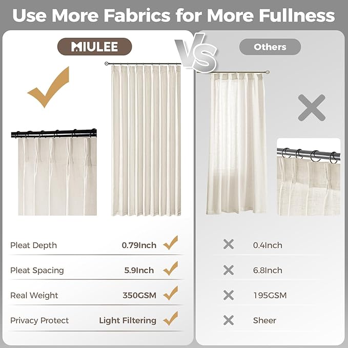 MIULEE Pinch Pleated Thick Linen Curtains 102 Inches Long 2 Panels for Living Room Bedroom, Linen Texture Pleat Drapes Memory Trained Light Filtering Neutral Ivory Cream Farmhouse Window Curtains