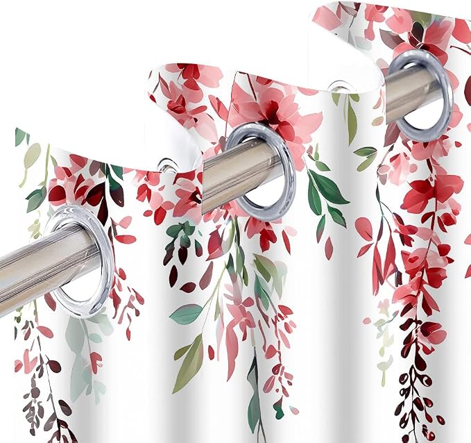 Red Watercolor Floral Curtains, 42x63 inch, 2 Panels | Botanical Leaves Vine Flowers, Rustic Farmhouse Style, Blackout Window Treatment, For Bedroom Living Room