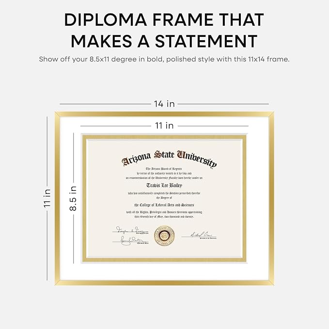 Homeforia 11x14 Diploma Frame Gold, High End Metal 11 x 14 Certificate Frames with Mat 8.5 x 11 inch, 14x11 Document Frame Matted to 8.5x11, Gold Award Degree Frame, Tempered Glass, Wall Kit, Set of 1