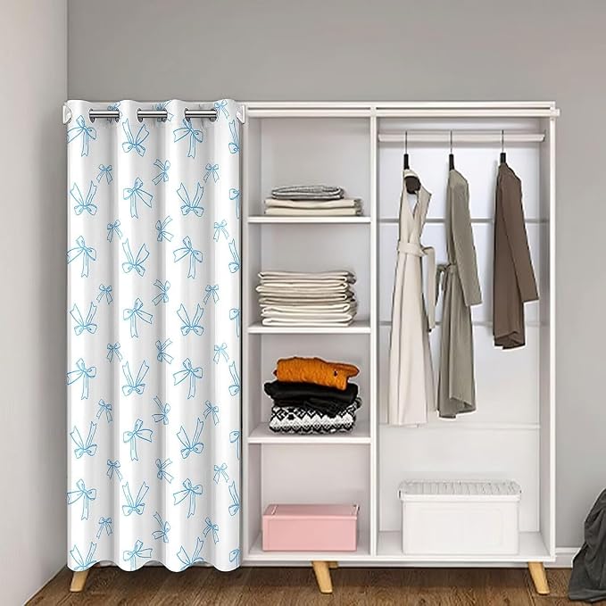 Feelyou Blue Bowknot Door Curtain for Doorway Privacy Dreamy Princess Style Closet Door Cover Curtain for Bedroom Living Room Set Watercolor Bow Room Blackout Curtain White Blue Bow 1 Panel, 59"x80"