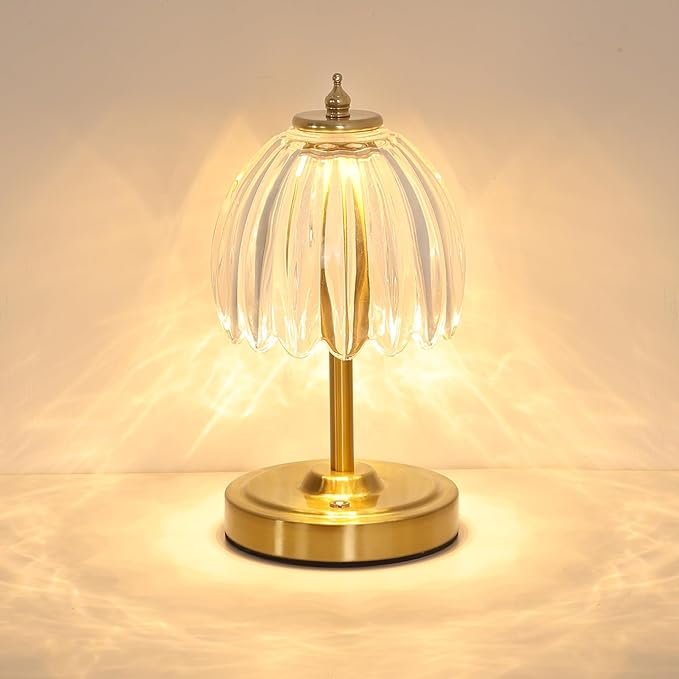 Shenmoyl Tulip Small Table Lamp, 5200mAh Cordless Touch Control Mini Table Lamp with 3 Color Temps & Stepless Dimming, Perfect for Small Spaces like Dressers, Bedsides, Bookshelves (Transparent Tulip)