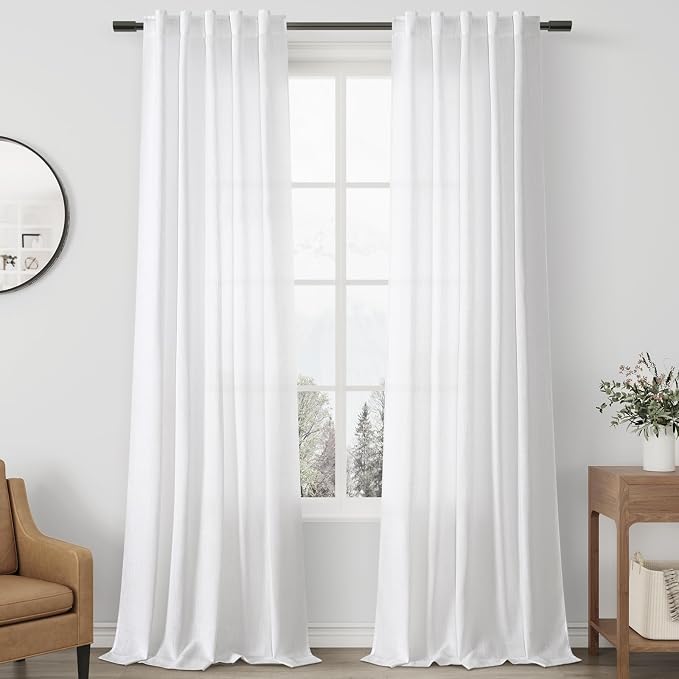 Aersas White Linen Curtains for Living Room 2 Panels Back Tab Light Filtering Semi Sheer Linen Drape Neutral Country Rustic Farmhouse Boho Curtain 40x96