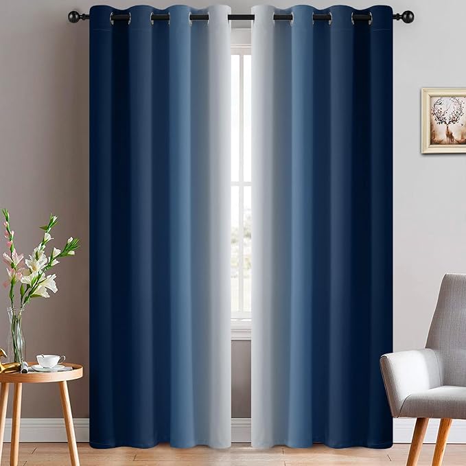 Yakamok Ombre Curtains Blue and Greyish White for Living Room,52Wx96L | Room Darkening Curtains 96,Thermal Insulated Gradient Color Drape,Light Blocking Grommet Window Curtains for Bedroom,2 Panels