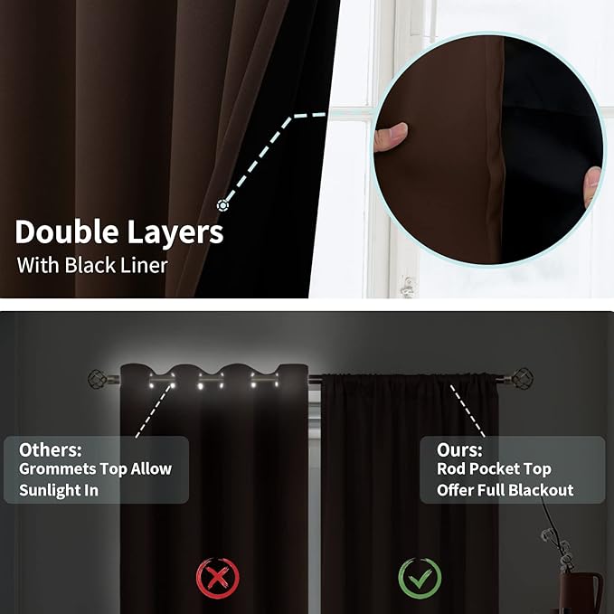 BGment Thermal Insulated 100% Blackout Curtains for Bedroom with Black Liner, Double Layer Full Room Darkening Noise Reducing Rod Pocket Curtain (52 x 84 Inch, Brown, 2 Panels)