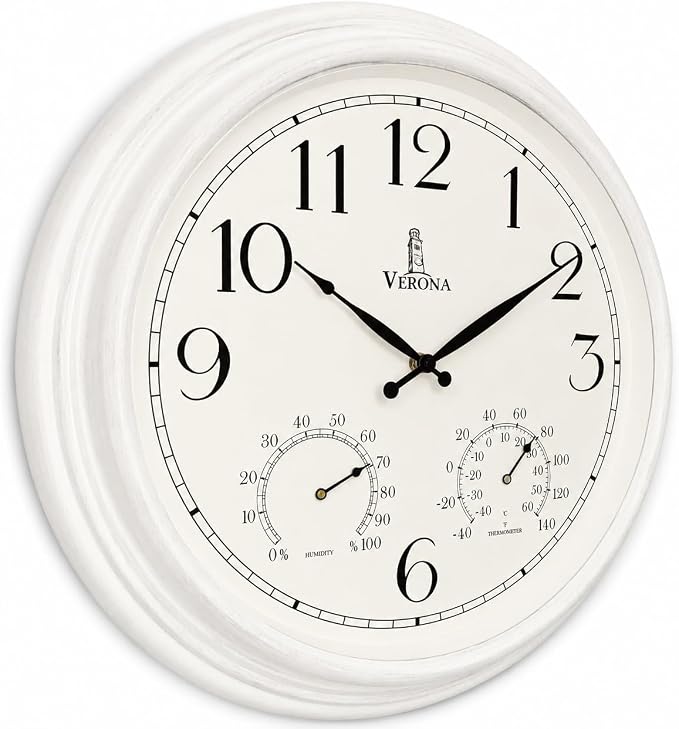 Outdoor Clocks for Patio Large Waterproof with Thermometer - White 18 inch Indoor Outdoor Wall Clock with Temperature and Humidity Combo - Weatherproof, Accurate & Easy to Read for Pool, Garden & Home