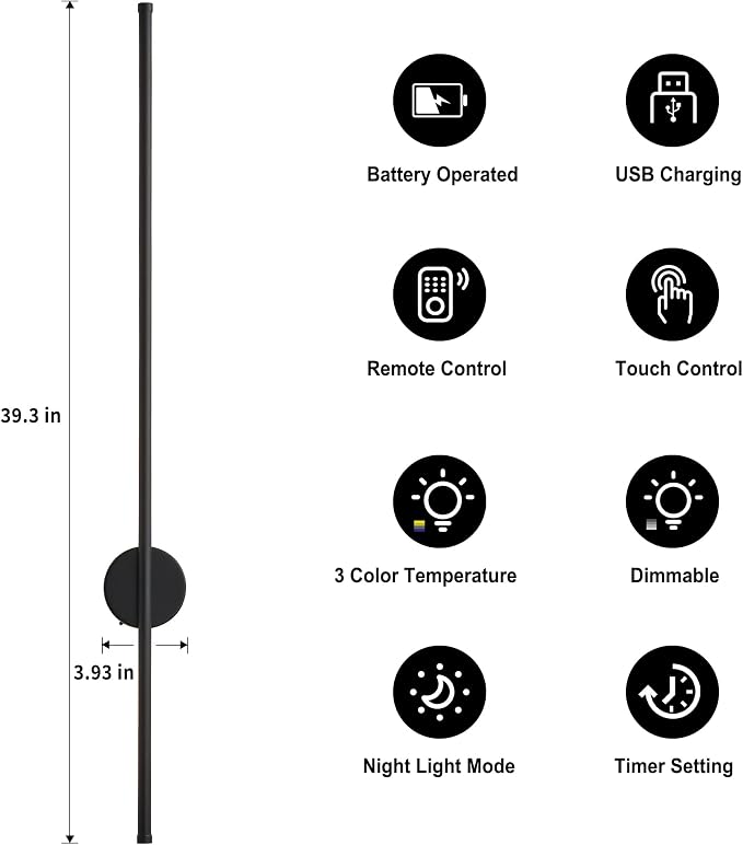 Battery Operated Modern Wall Sconces, Dimmable Wireless Wall Light Set of Two with Remote Control, 3 Color Temperatures, Rechargeable LED Wall Sconce for Bedroom, Living Room, Hallway, 39.3 Inch Black