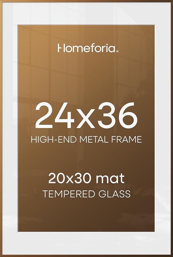Homeforia 24x36 Picture Frame Bronze, High End Metal 24 x 36 Large Poster Frames with Mat 20 by 30 Photo, 24x36 Brass Frame Matted to 20x30 Print, 36x24 Thin Frames, Tempered Glass, Wall Kit, Set of 2