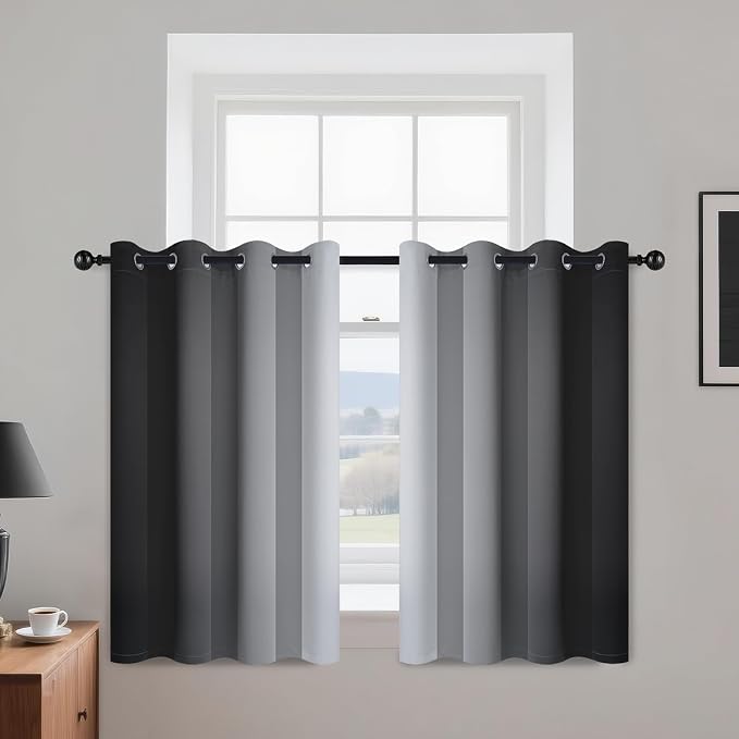 Yakamok Ombre Curtains Black and Greyish White for Living Room,52Wx36L | Room Darkening Curtains 36,Thermal Insulated Gradient Color Drape,Light Blocking Grommet Window Curtains for Bedroom,2 Panels
