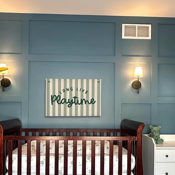 Playroom Decor, Long Live Playtime Wall Hanging Linen Banner, Green Striped Wall Flag for Play Room Decor, 20x30 Inch-Green