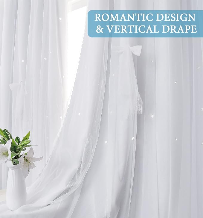UNISTAR 2 Panels Stars Blackout for Bedroom Living Room Girls Kids Baby Room, Double Layer Star Cut Out Window Curtain, W52 x L63 Inch Length, Greyish White
