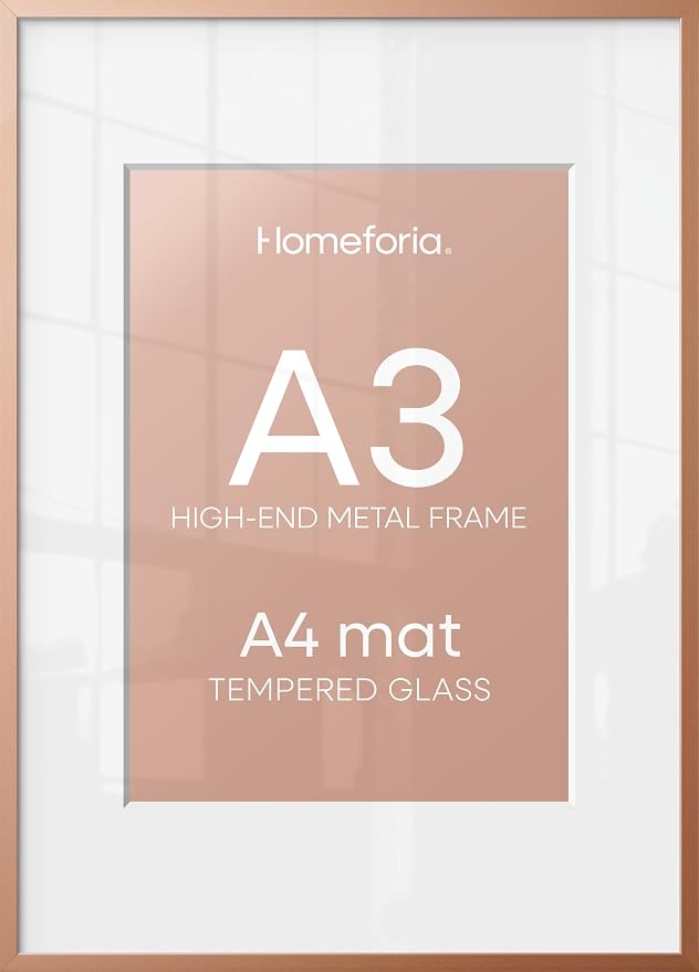 Homeforia A3 Picture Frame Rose Gold, High End Metal 11.7 x 16.5 inch Poster Frames with Mat 8.3 by 11.7 for Photo, A3 Size Frames Matted to A4 Print, 11.7x16.5 Hanging Frame, Tempered Glass, Set of 1