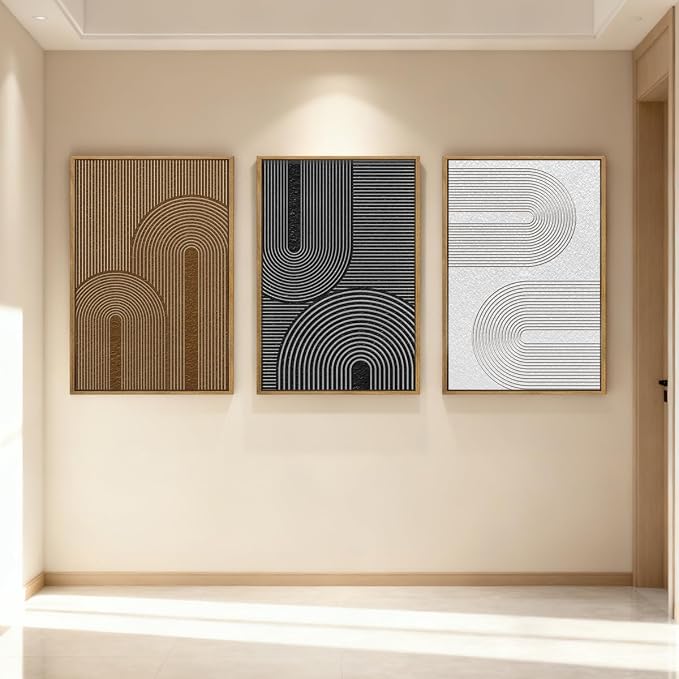 Extra Large Abstract Modern Wall Art Abstract Line Wall Decor Framed Dark Wall Painting Neutral Print Decor Geometric Artwork Minimalist Modern Home Decor for Living Room Bedroom Office 24x36 Inches Set of 3