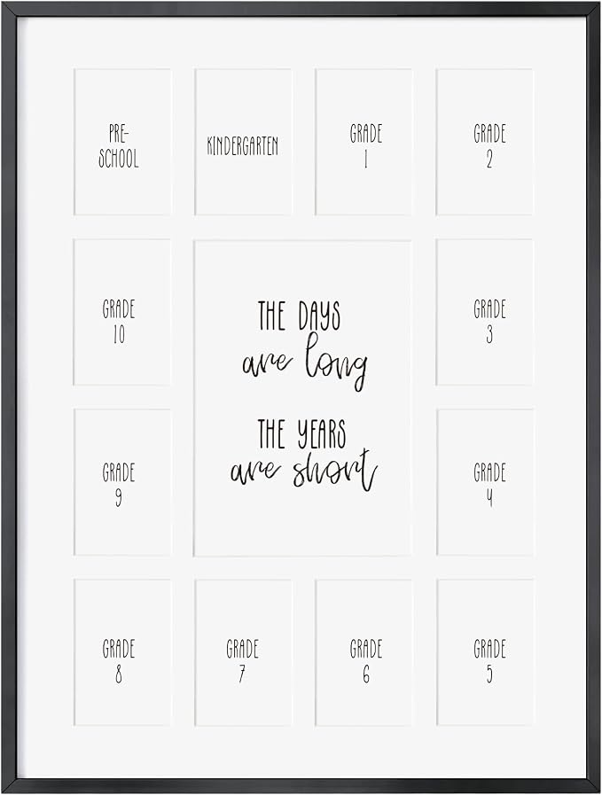 12x16 School Picture Frame K-12, Collage Frame for School Years, Black | Sleek Black K-12 Frame with 13 Openings: One 5x7 & Twelve 2.5x3.5 for Pre-K to 12th Grade | Wall Kit Included