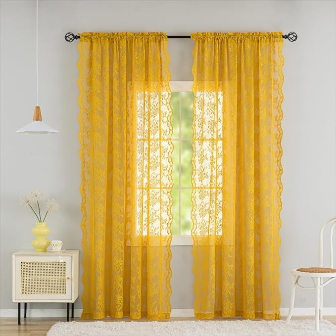 YJ YANJUN Vintage Lace Curtains 96 Inches Long-Victorian Floral Mustard Yellow Sheer Curtain Panels for Living Room Bedroom,Light Filtering, Retro Mid Century Modern Summer Drapes2 Panels 52W x 96L