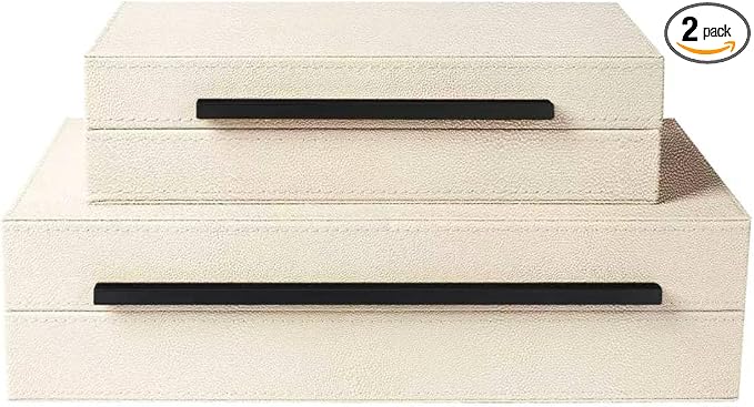 Sagala Set of 2 Beige Shagreen Decorative Boxes With Black Metal Handles, Faux Leather Jewelry Boxes Modern Storage Boxes Photo Boxes Memory Boxes Home Organizer (Beige-Black Handle)
