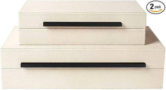 Sagala Set of 2 Beige Shagreen Decorative Boxes With Black Metal Handles, Faux Leather Jewelry Boxes Modern Storage Boxes Photo Boxes Memory Boxes Home Organizer (Beige-Black Handle)