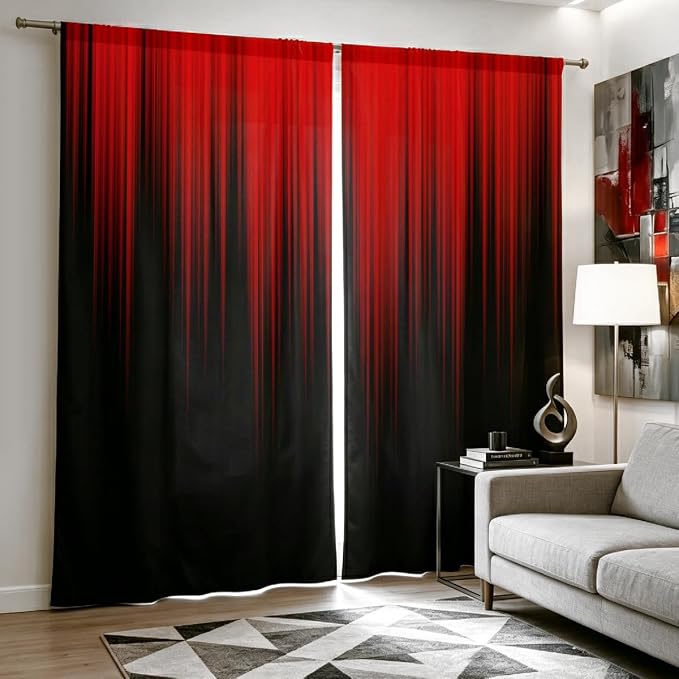 AAtter Red and Black Ombre Curtains 84 Inches Long, Gothic Dark Anime Window Drapes for Gamer Boys Bedroom, Rod Pocket Abstract Art Tall Gradient 52" W x 84" L Fabric, 2 Panels Set