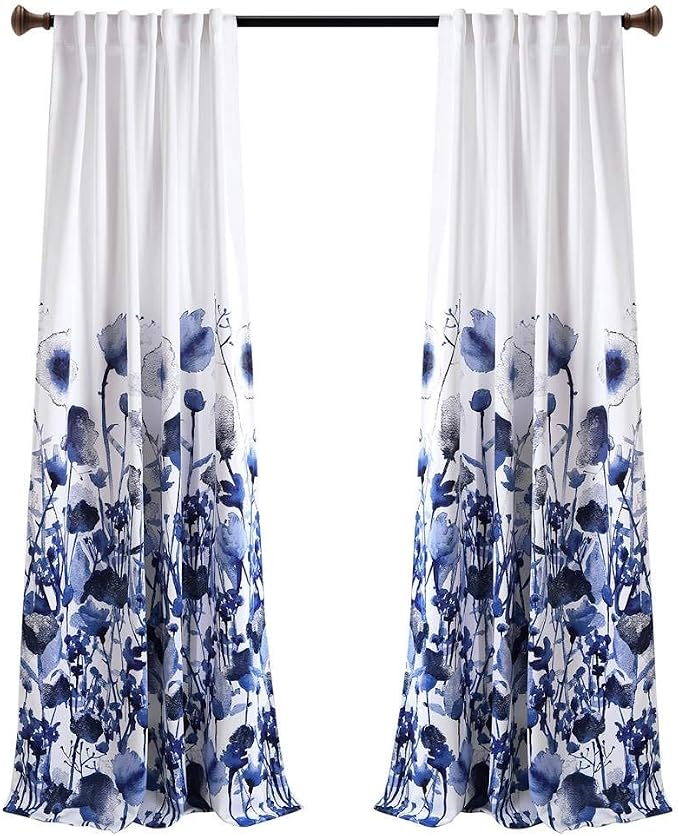 LUSH DÉCOR, 84” x 52”, Navy Lush Decor Zuri Flora Curtains Light Filtering Window Panel Set for Living, Dining, Bedroom (Pair)
