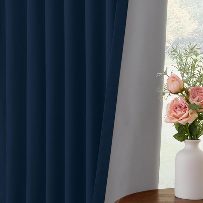INOVADAY 100% Blackout Curtains for Bedroom, Black Out Curtains 96 Inch Long, Clip Rings Linen Blackout Drapes, Thermal Insulated Room Darkening for Living Room, 2 Panels - Midnight Blue,W50xL96