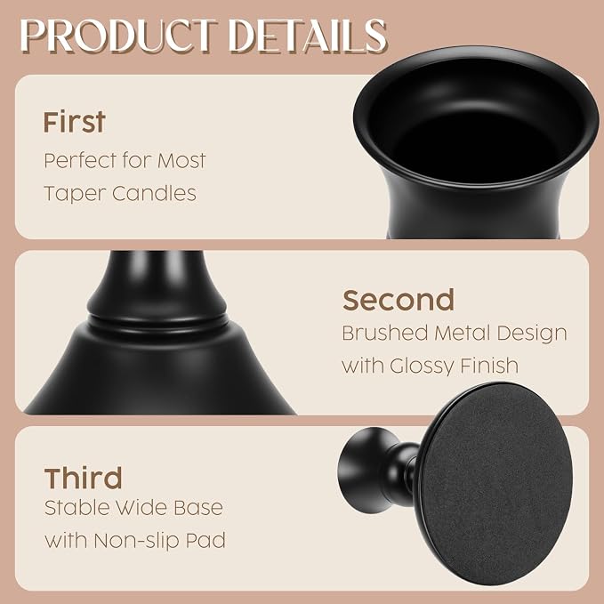 6PCS Brass Black Taper Candle Holders Set, Vintage Metal Candlestick Holders for Table Centerpiece, Wedding Reception, Festive Christmas Mantel Decoration or Home Decor