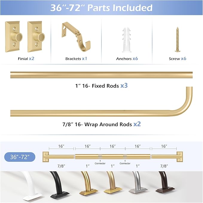 TANGWIN Gold Wrap Around Curtain Rods for Windows 36 to 72":Blackout Heavy Duty Adjustable Curtain Rod Room Darkening,Modern Industrial Curved French Return Metal Drapery Rods Easy Install,Brass Gold